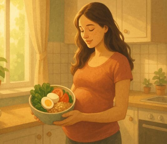 Pregnant woman in sunlit kitchen holding a bowl of whole foods rich in vitamin B2 dosage per day, including leafy greens, eggs, and grains