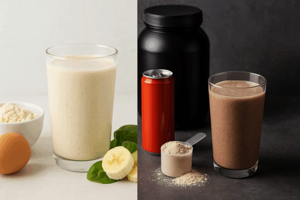 Side-by-side comparison of protein shakes while pregnant, showing a clean, natural shake with fresh banana and spinach versus a cluttered setup with artificial powders and energy drinks.