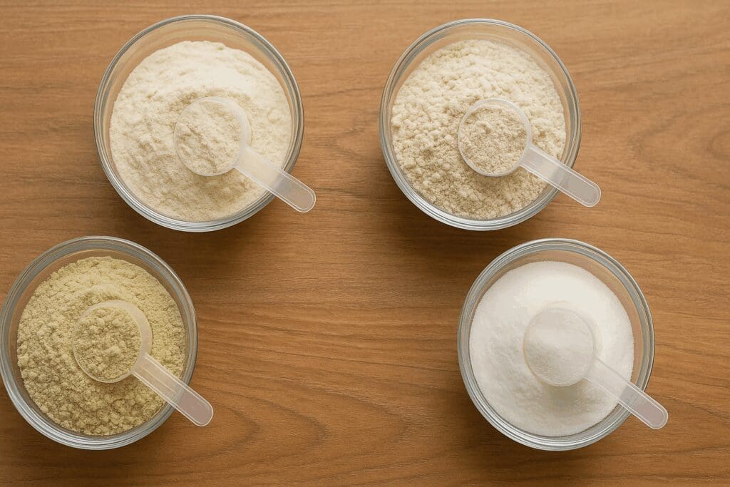 Clear glass bowls filled with whey, rice, pea, and collagen powders on a wooden surface, illustrating protein shakes while pregnant.