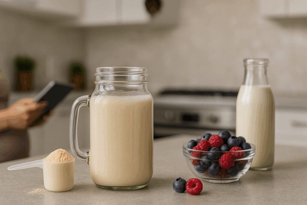 Mason jar of protein shake on a kitchen counter with almond milk, berries, and protein powder, illustrating protein shakes while pregnant.