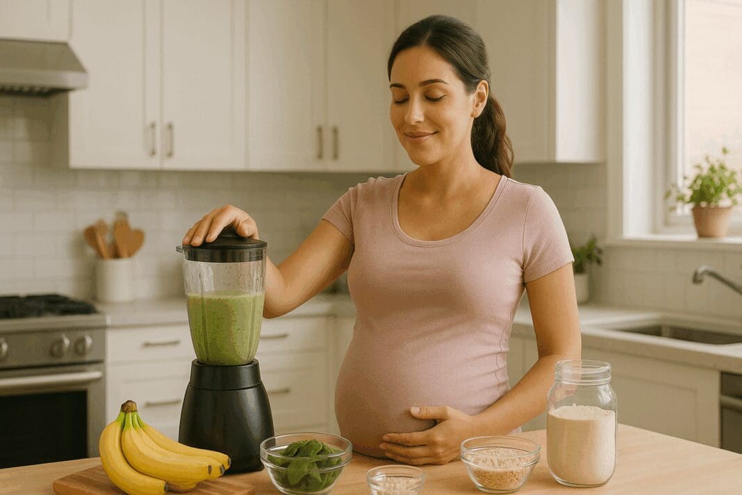 Pregnant woman making a green smoothie with spinach, bananas, oats, and protein powder as part of healthy protein shakes while pregnant.