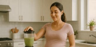 The Essential Guide to Safe and Effective Protein Shakes While Pregnant Pregnant woman making a green smoothie with spinach, bananas, oats, and protein powder as part of healthy protein shakes while pregnant.