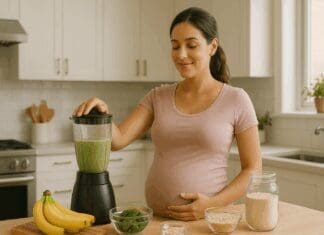 Pregnant woman making a green smoothie with spinach, bananas, oats, and protein powder as part of healthy protein shakes while pregnant.