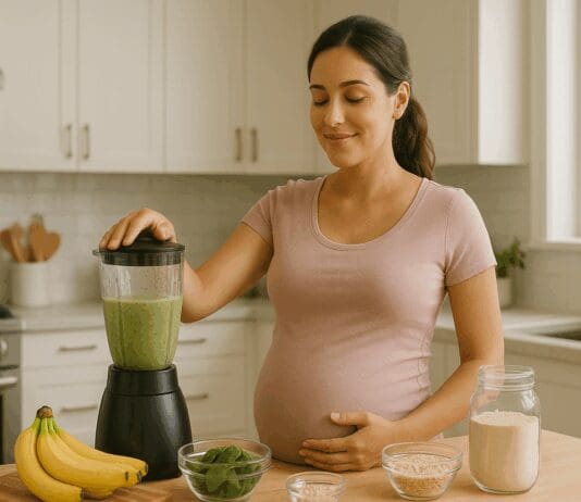 Pregnant woman making a green smoothie with spinach, bananas, oats, and protein powder as part of healthy protein shakes while pregnant.