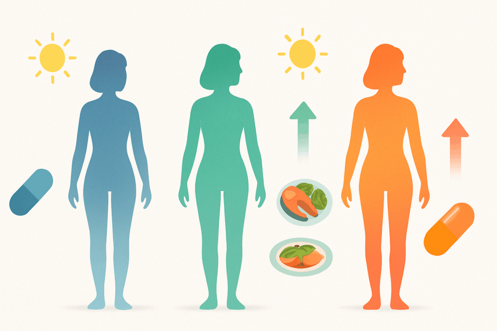 Three color-coded female silhouettes illustrate vitamin D3 benefits for women by showing low, optimal, and excessive levels using sun, pill, and food icons.