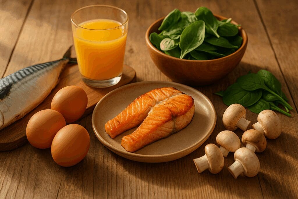 Grilled salmon, mackerel, eggs, mushrooms, spinach, and orange juice on a rustic table showcasing natural sources linked to vitamin d3 benefits for women.