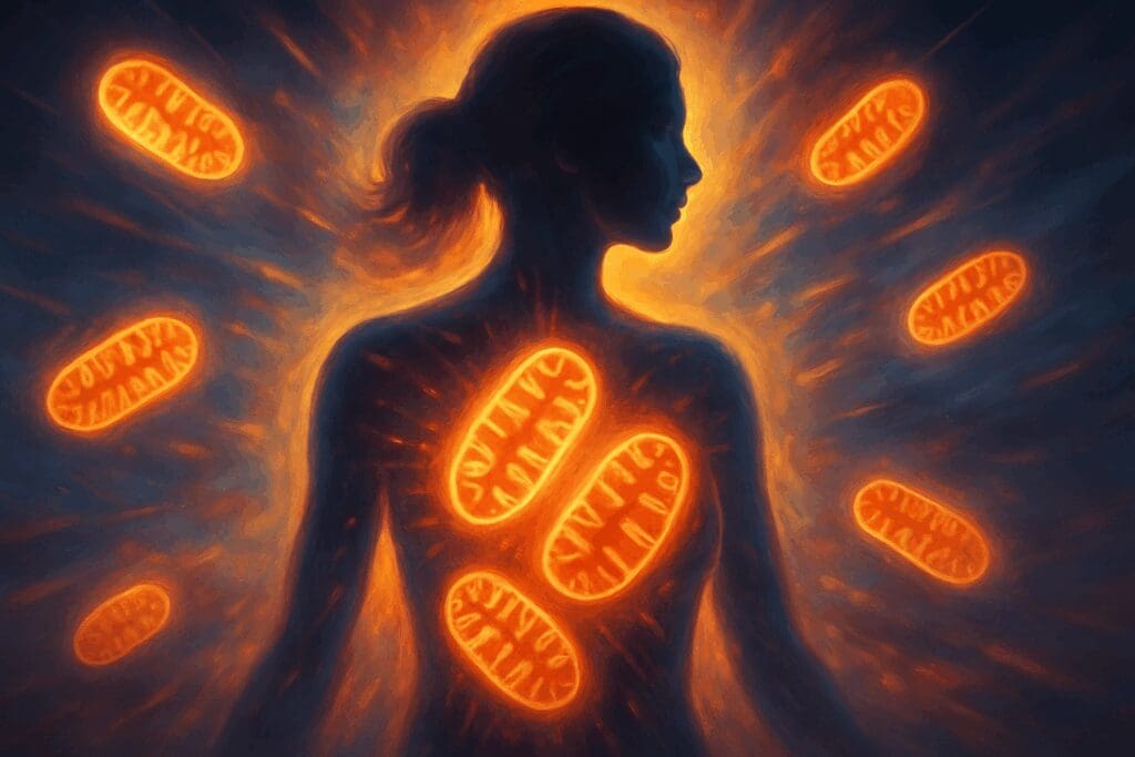 Stylized female silhouette glowing with vibrant mitochondria, symbolizing cellular energy and vitality linked to vitamin d3 benefits for women
