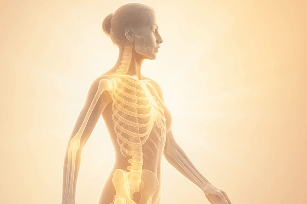 Anatomical side view of a woman with glowing bones and muscles, symbolizing vitamin d3 benefits for women in bone strength and joint health