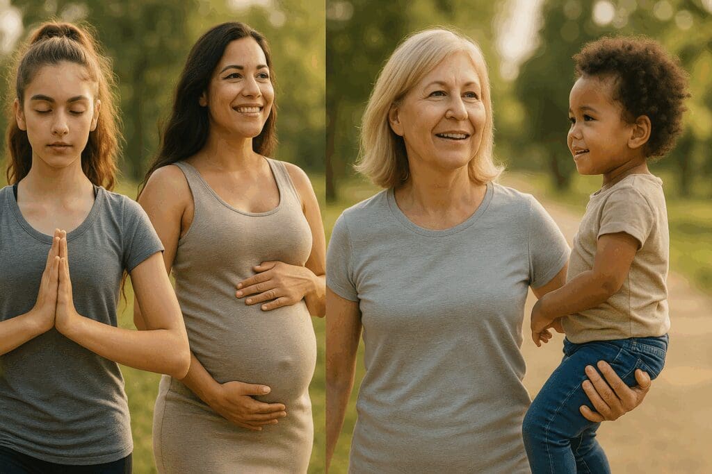 Diverse women at different life stages—teen, pregnant, menopausal, elderly—staying active outdoors, highlighting vitamin D3 benefits for women