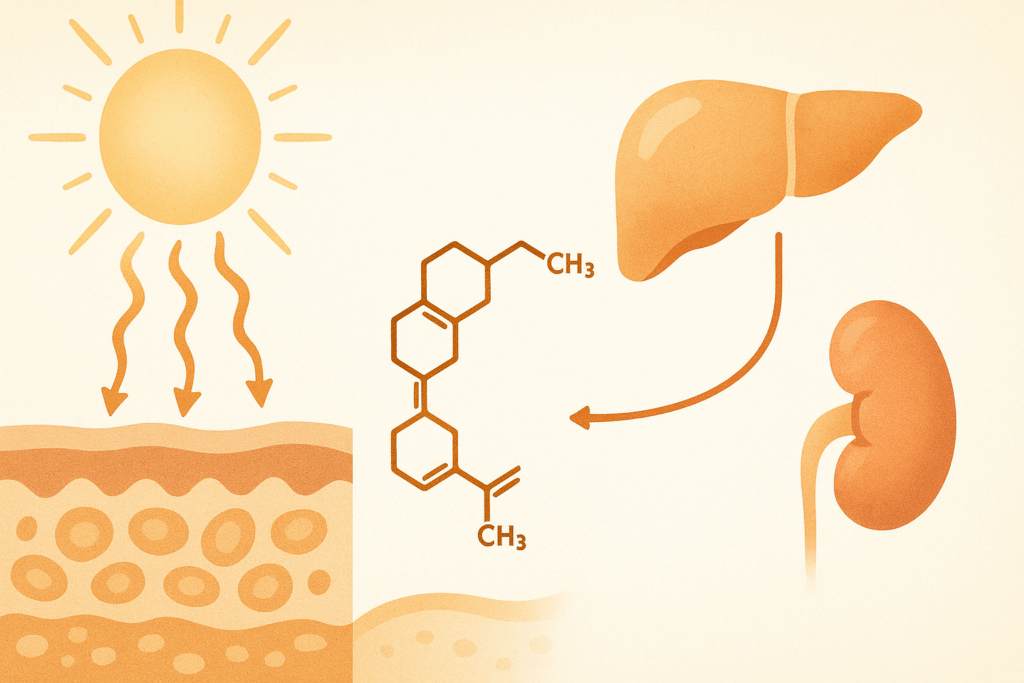 Scientific illustration of vitamin D3 synthesis from sunlight to activation in liver and kidneys, highlighting vitamin d3 benefits for women