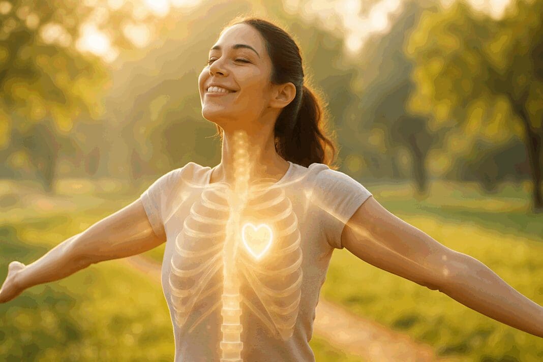 Radiant woman soaking up morning sunlight in a park, arms outstretched, symbolizing vitamin d3 benefits for women