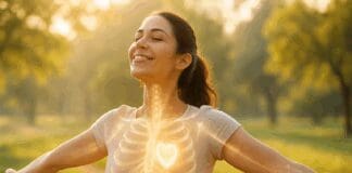 Radiant woman soaking up morning sunlight in a park, arms outstretched, symbolizing vitamin d3 benefits for women