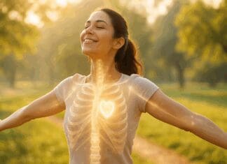 Radiant woman soaking up morning sunlight in a park, arms outstretched, symbolizing vitamin d3 benefits for women