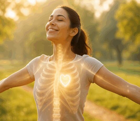 Radiant woman soaking up morning sunlight in a park, arms outstretched, symbolizing vitamin d3 benefits for women