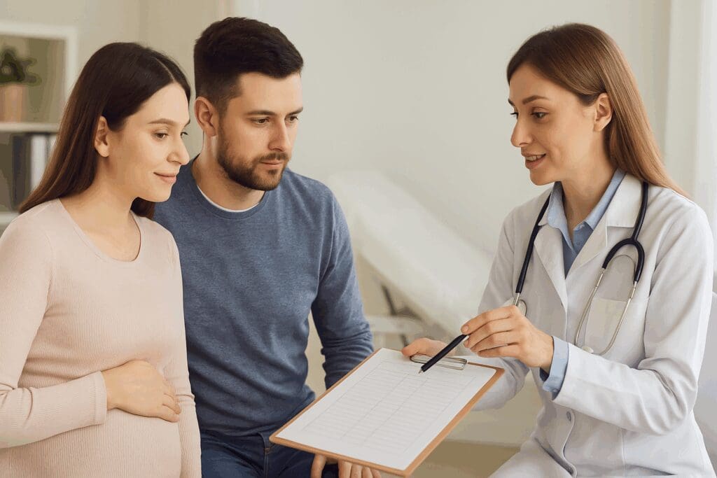 Couple reviewing birth plan with doctor in clinic, discussing when will hospital admit you for labor during prenatal consultation.