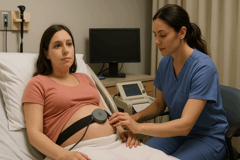 Nurse monitors pregnant woman using fetal equipment during early labor triage, illustrating when will hospital admit you for labor.