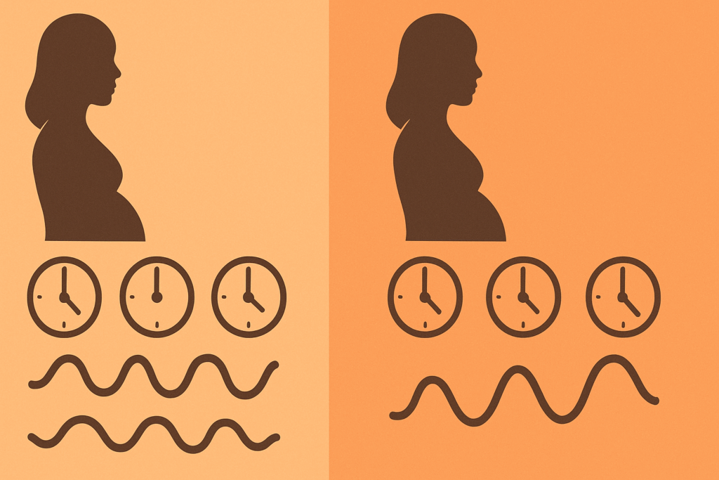 Split-panel graphic showing Braxton Hicks vs. true labor contractions to illustrate when will hospital admit you for labor.