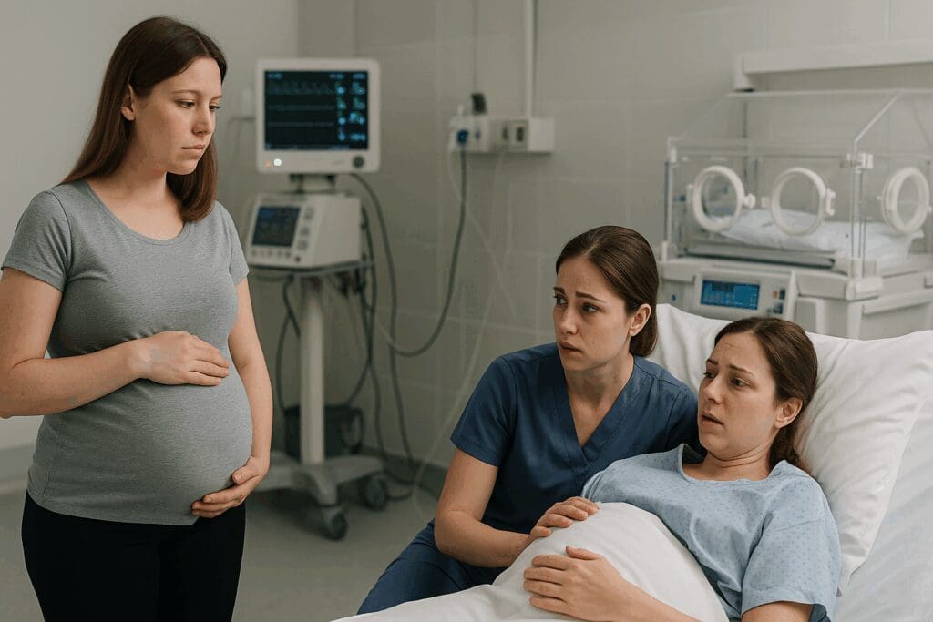 Full-term pregnant woman stands beside a hospital bed where a woman in premature labor is monitored, illustrating when will hospital admit you for labor.