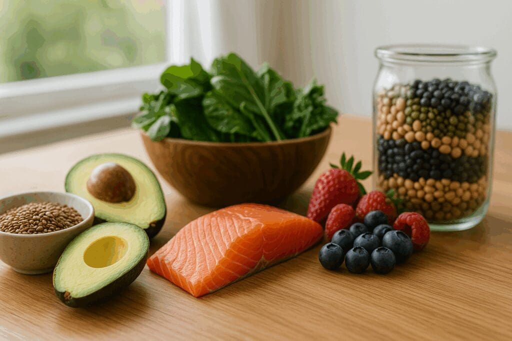 What kind of food supports hormonal balance naturally with flaxseeds, avocado, wild salmon, leafy greens, berries, and legumes on a wooden countertop.