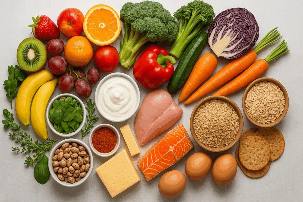Top-down view of categorized food groups arranged in a circular pattern, illustrating what kind of food belongs to fruits, vegetables, grains, dairy, proteins, and herbs.