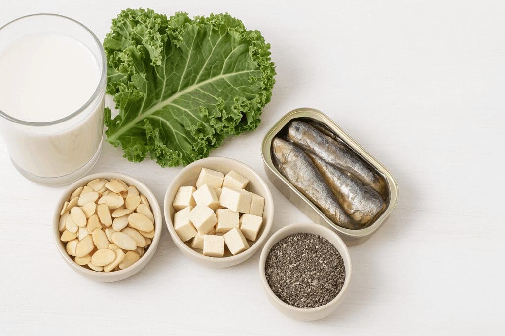 What kind of food supports bone health, including kale, almonds, tofu, chia seeds, sardines, and fortified plant milk on white wood