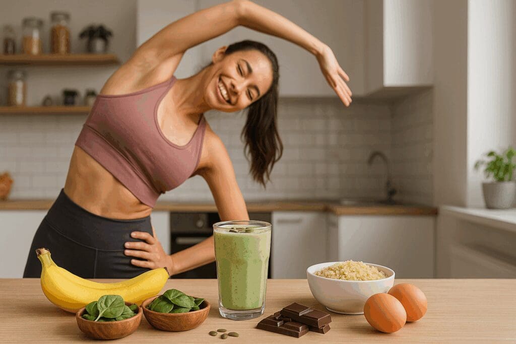 Energized woman stretching in athletic wear beside a kitchen counter showcasing what kind of food boosts energy—banana, spinach smoothie, quinoa, eggs, and dark chocolate.