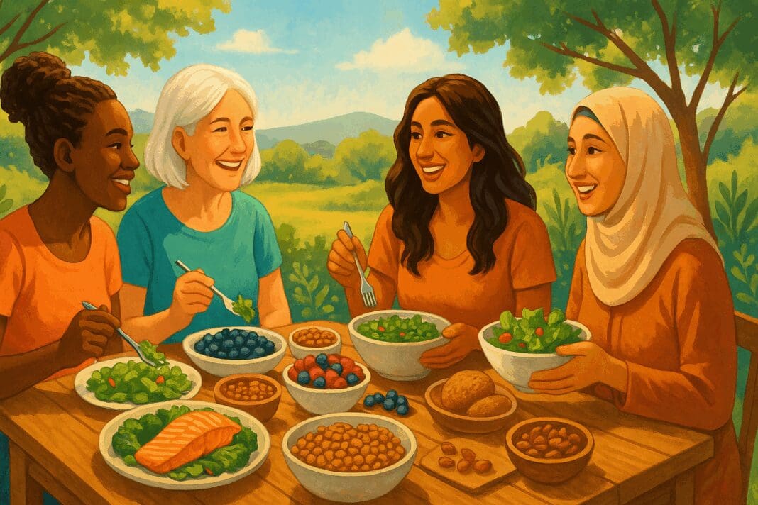 Diverse women of various ages enjoying an outdoor meal together with vibrant dishes that highlight what kind of food supports health, energy, and community wellness.