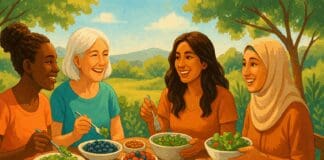 Diverse women of various ages enjoying an outdoor meal together with vibrant dishes that highlight what kind of food supports health, energy, and community wellness.