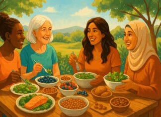 The Essential Guide to What Kind of Food Women Should Eat for Optimal Health Diverse women of various ages enjoying an outdoor meal together with vibrant dishes that highlight what kind of food supports health, energy, and community wellness.
