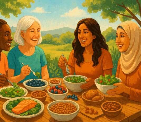 Diverse women of various ages enjoying an outdoor meal together with vibrant dishes that highlight what kind of food supports health, energy, and community wellness.