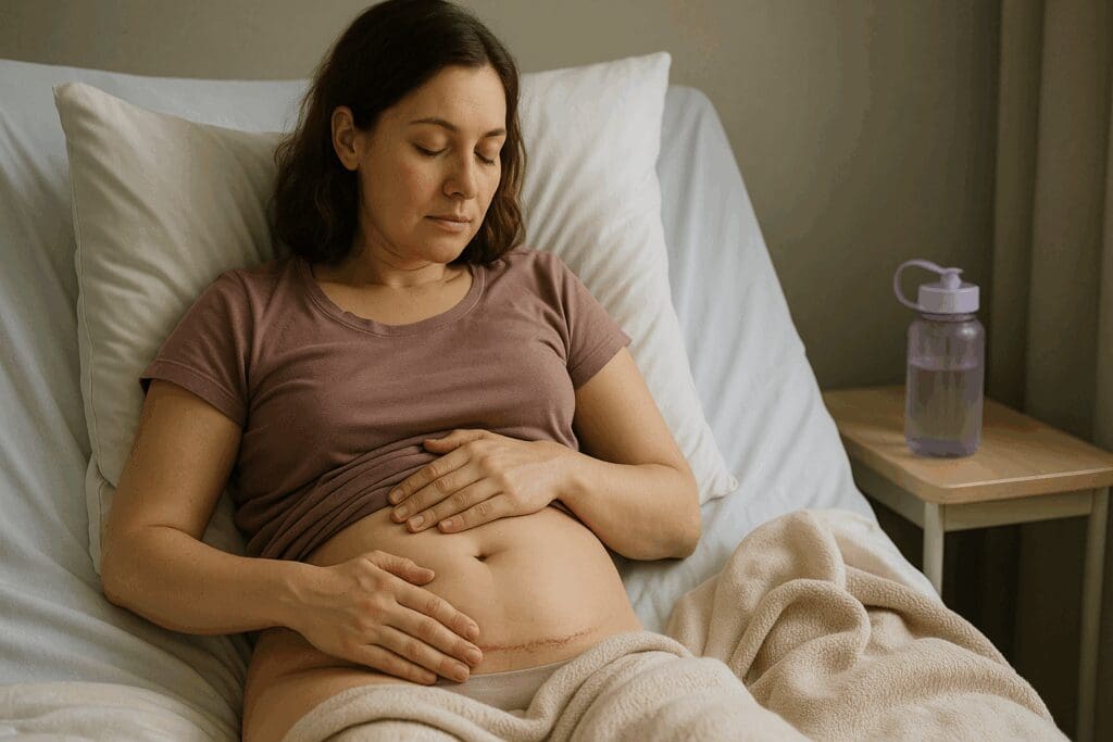 Postpartum woman reclines in bed, gently touching her healing C-section scar, reflecting on when is it safe to orgasm after giving birth.