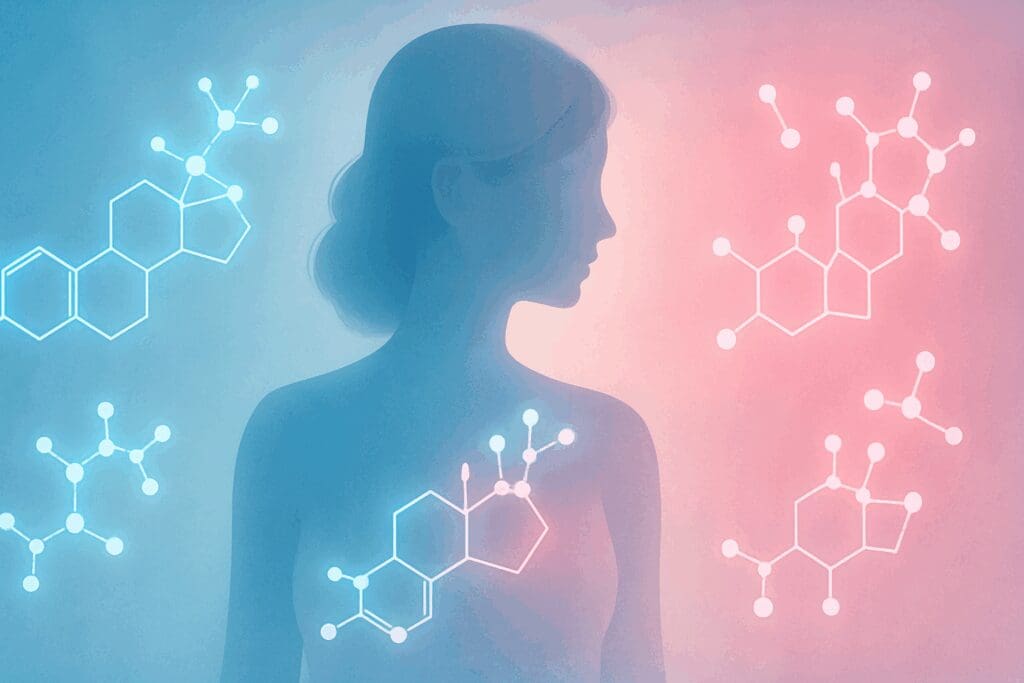 Abstract female silhouette surrounded by glowing hormone molecules, symbolizing postpartum changes and addressing when is it safe to orgasm after giving birth.