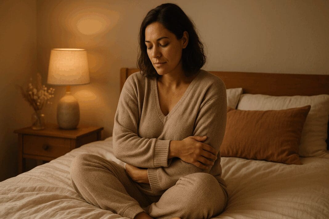 New mother in cozy loungewear sits peacefully on a warmly lit bed, reflecting on healing and self-care during the postpartum period—visually representing when it is safe to orgasm after giving birth.