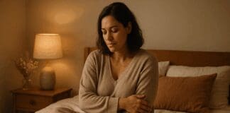 The Essential Guide to When Is It Safe to Orgasm After Giving Birth and What New Moms Should Know New mother in cozy loungewear sits peacefully on a warmly lit bed, reflecting on healing and self-care during the postpartum period—visually representing when it is safe to orgasm after giving birth.