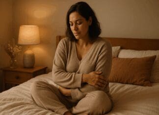 New mother in cozy loungewear sits peacefully on a warmly lit bed, reflecting on healing and self-care during the postpartum period—visually representing when it is safe to orgasm after giving birth.