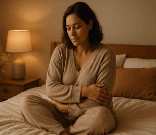 New mother in cozy loungewear sits peacefully on a warmly lit bed, reflecting on healing and self-care during the postpartum period—visually representing when it is safe to orgasm after giving birth.