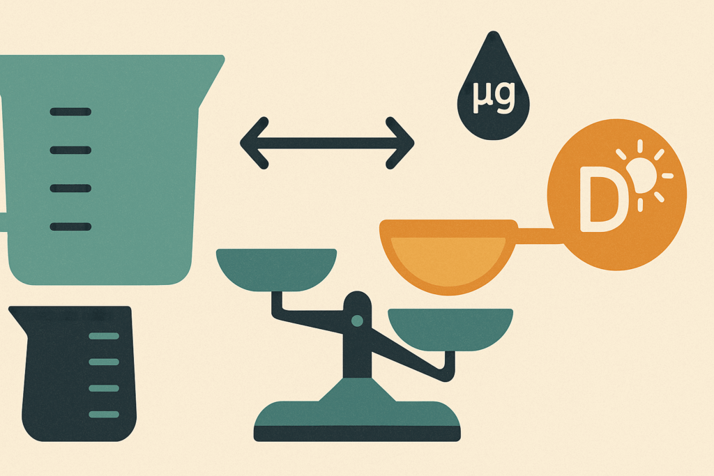 Infographic showing symbolic conversion of vitamin d3 1000 international units using measuring cups, scales, and supplement icons