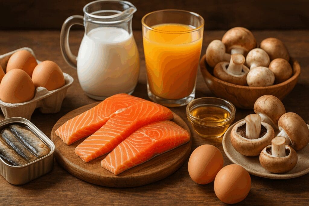 Rustic kitchen counter with salmon, sardines, eggs, fortified milk, orange juice, cod liver oil, and mushrooms—foods rich in vitamin d3 1000 international units.