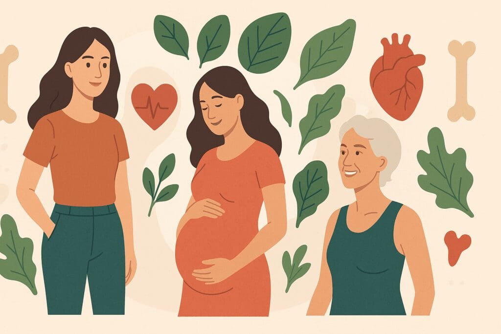 Illustration of three healthy women at different life stages—young adult, pregnant, and post-menopausal—surrounded by symbols of leafy greens, bones, and hearts to highlight the benefits of vitamin d3 1000 international units for women’s health.