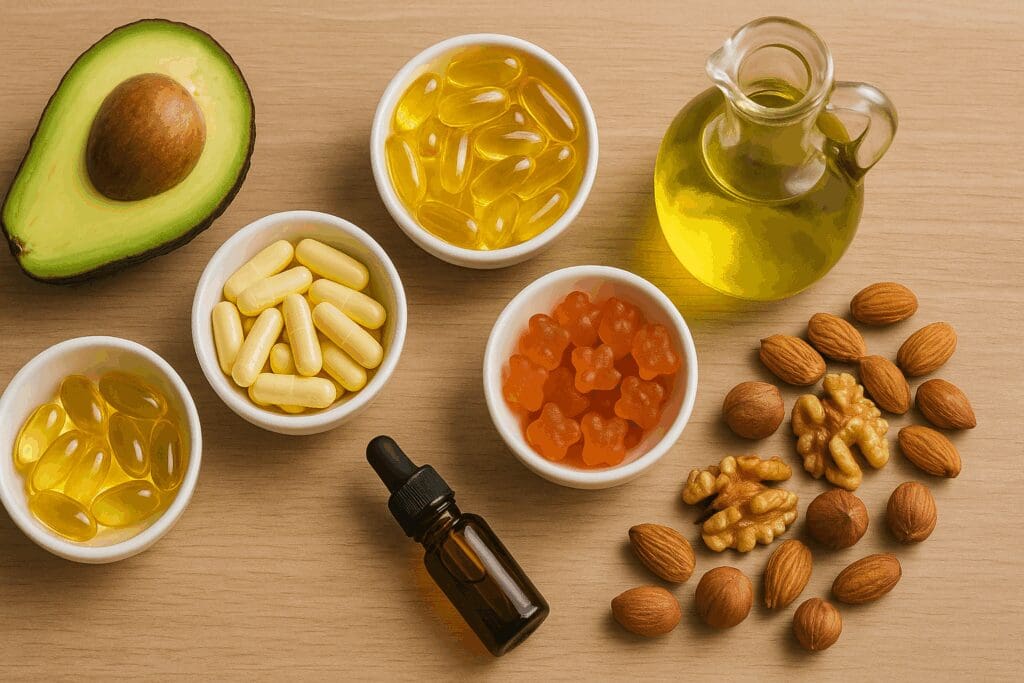 Flat lay of vitamin D3 1000 international units supplements in softgels, capsules, gummies, and drops beside avocado, olive oil, and mixed nuts on a wooden table.
