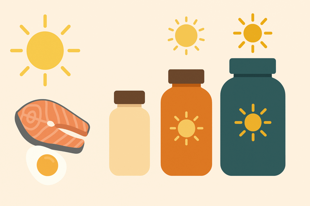 Three supplement bottles visually comparing low, moderate, and high doses of vitamin d3 1000 international units beside natural sources like sun, salmon, and egg.