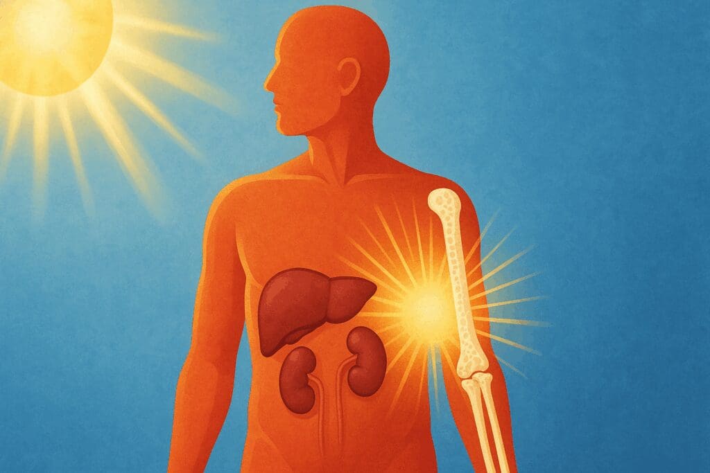Anatomical cross-section of a human body showing liver, kidneys, and bones absorbing calcium under sunlight, illustrating the biological role of vitamin d3 1000 international units.