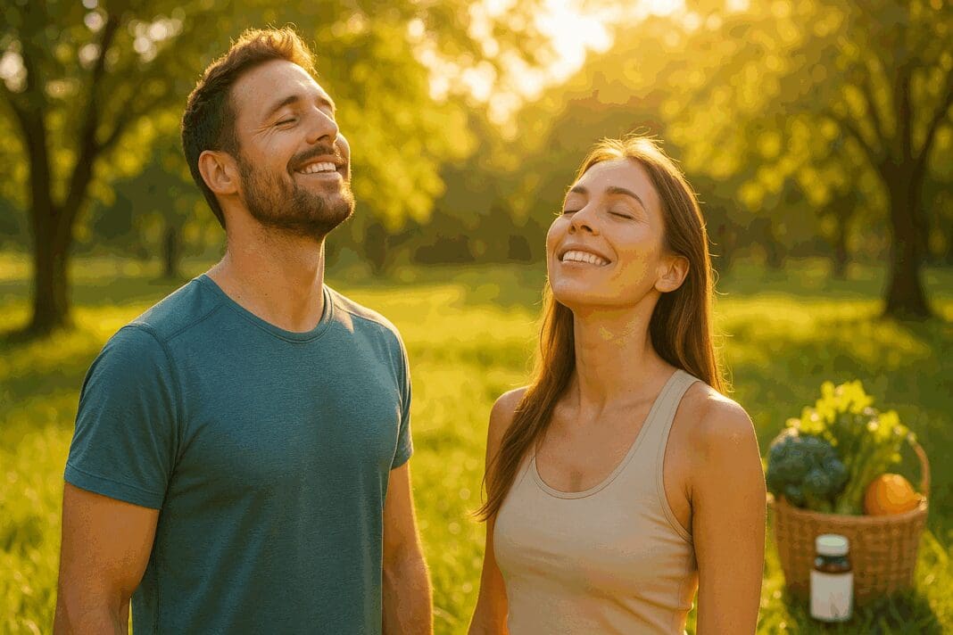 Smiling fit man and woman soaking up sunlight in a green park during golden hour, symbolizing wellness and vitamin d3 1000 international units benefits.