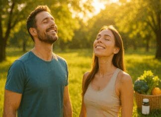 Smiling fit man and woman soaking up sunlight in a green park during golden hour, symbolizing wellness and vitamin d3 1000 international units benefits.