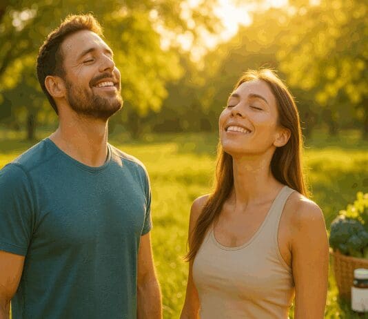 Smiling fit man and woman soaking up sunlight in a green park during golden hour, symbolizing wellness and vitamin d3 1000 international units benefits.