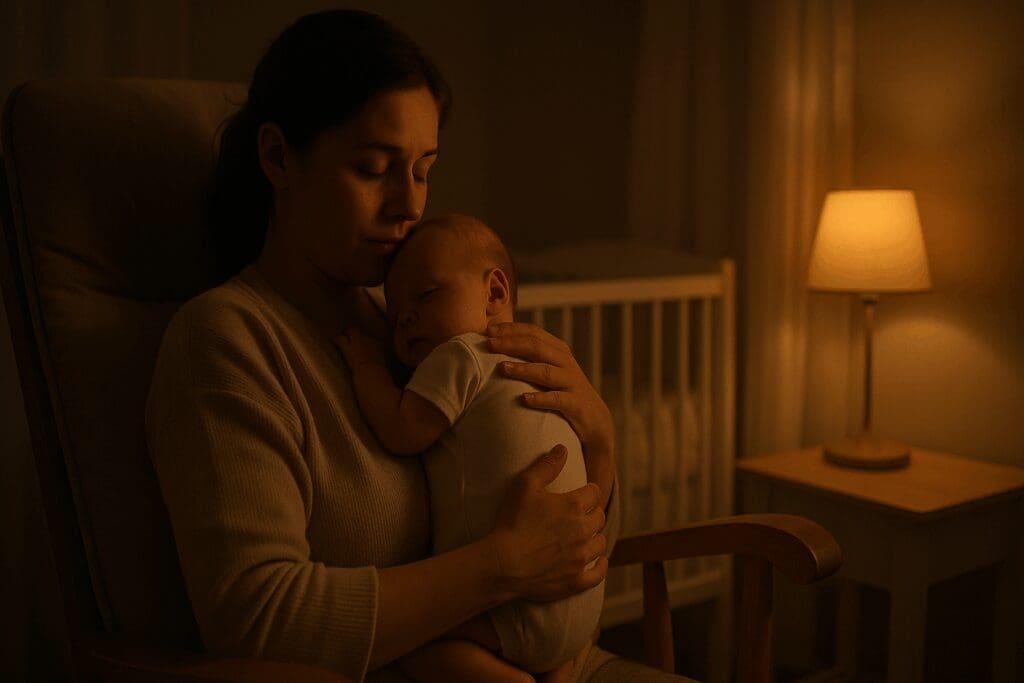 Mother gently burping a drowsy newborn in a dimly lit nursery, showing why we burp babies after nighttime feedings.