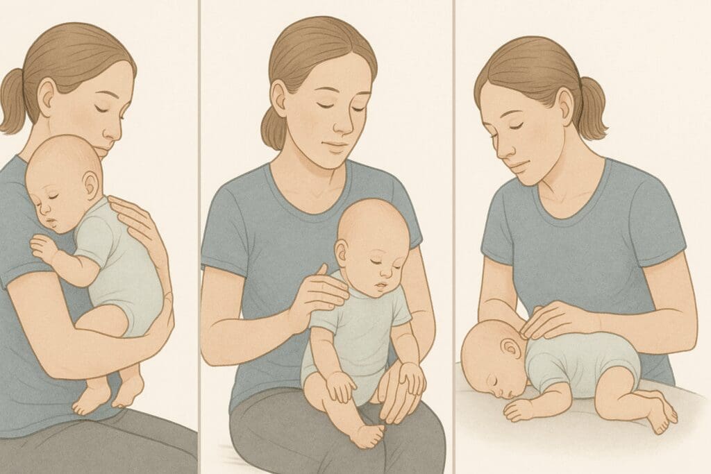 Three realistic illustrations showing different baby burping positions—over the shoulder, seated on lap, and face-down—demonstrating why we burp babies for comfort and digestion.