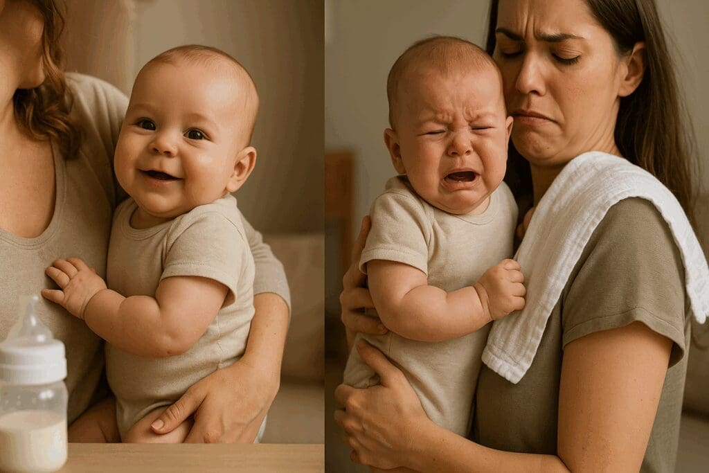Smiling baby held calmly after burping next to a fussy, crying baby with gas discomfort, illustrating why we burp babies.