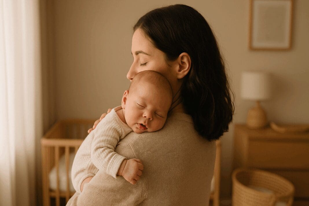 Mother gently burping her newborn in a softly lit nursery, illustrating why we burp babies for comfort and digestion.