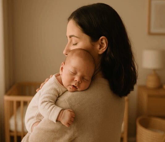 Mother gently burping her newborn in a softly lit nursery, illustrating why we burp babies for comfort and digestion.